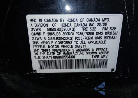 2006 Honda Pilot Ex-L из США, поврежденный, VIN 2HKYF18696H554391